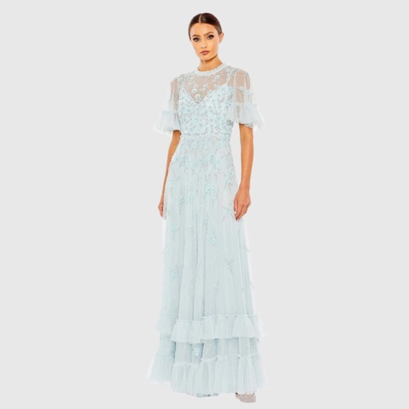 Mac Duggal 9199 NWOT Blue Ruffled Floral Embellished Flutter Sleeve A-Line Gown - Picture 1 of 7
